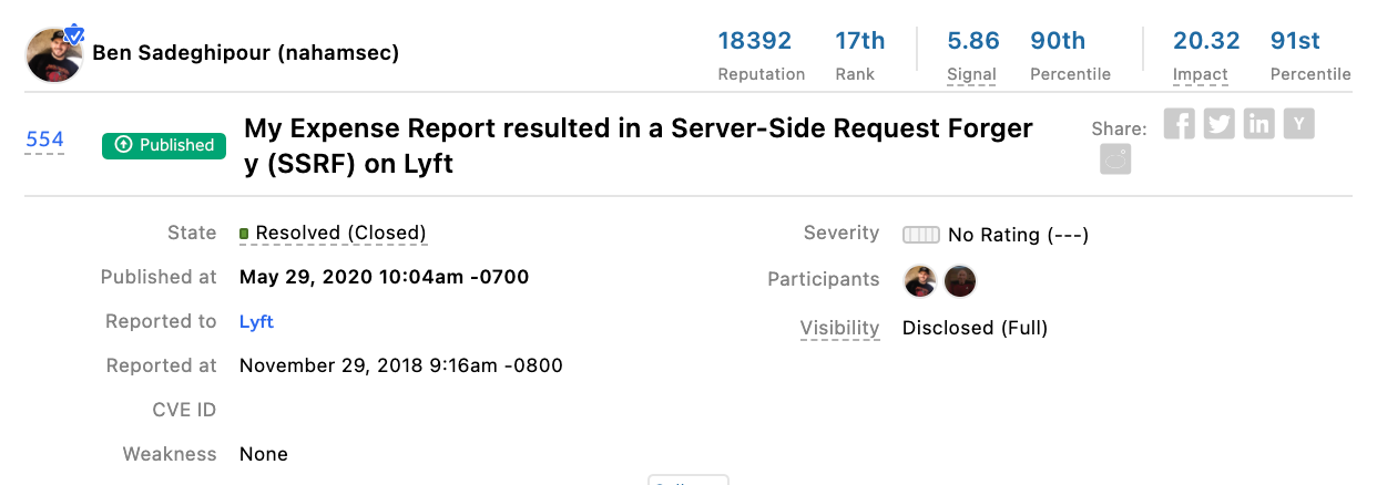 Figure 2: SSRF vulnerability remediated by Lyft and submitted by @nahamsec on HackerOne. 